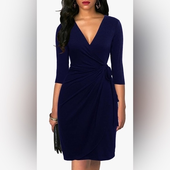 Berydress Dresses & Skirts - Berydress 3/4 Sleeve V Neck Sheath Casual Party‎ Work Faux Black Wrap Dre…